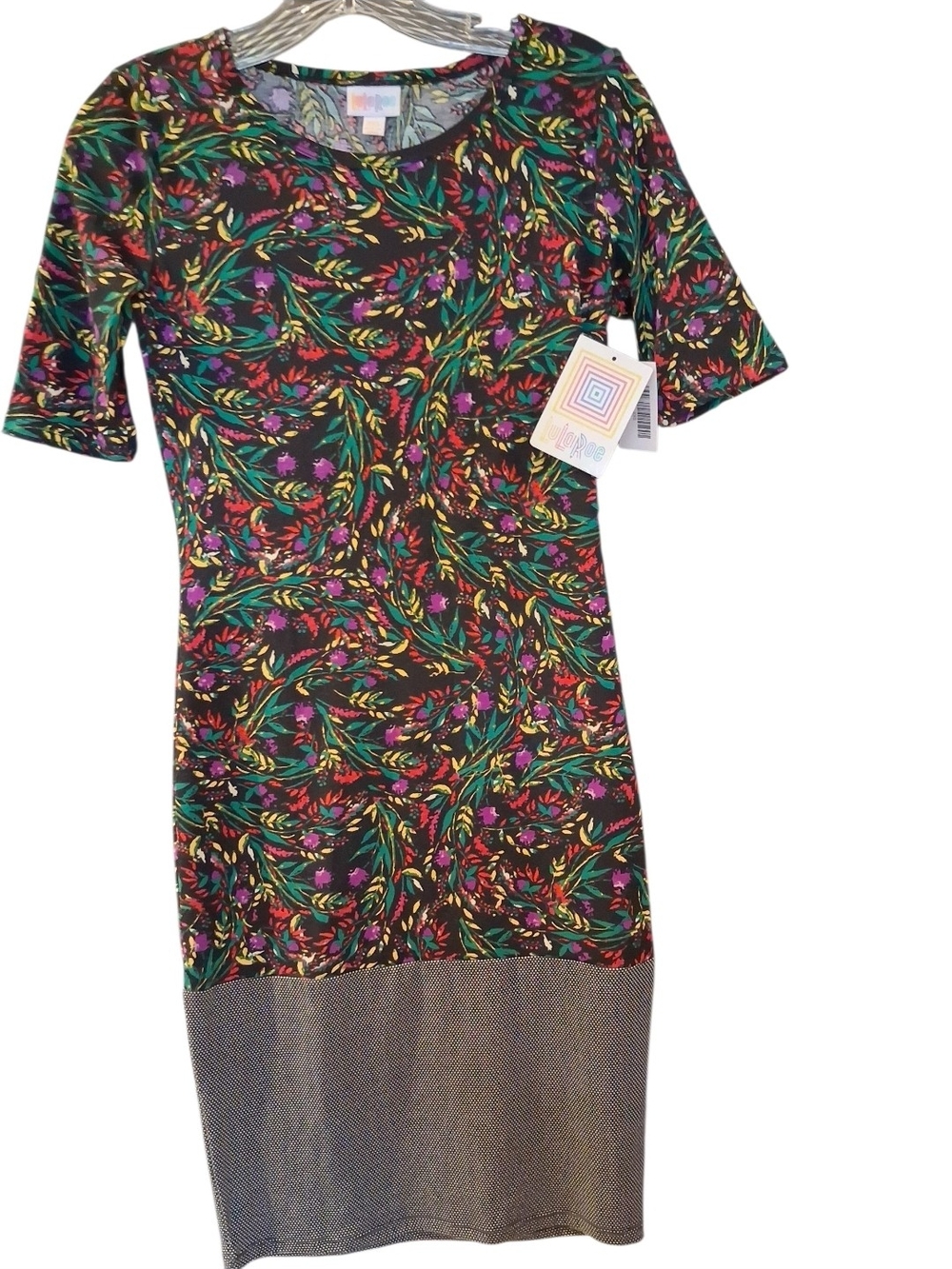 LuLaRoe Black Floral Midi Dress with Green, Purple & Red Accents